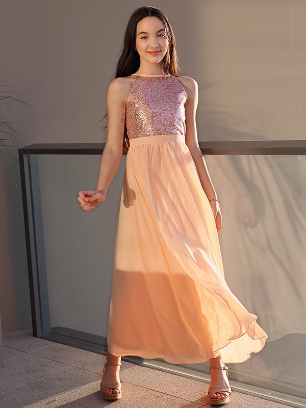 A-Line/Princess Chiffon Sequin Scoop Sleeveless Ankle-Length Junior/Girls Bridesmaid Dresses 2251