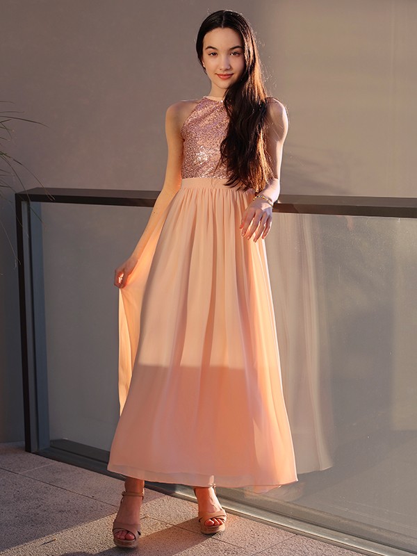 A-Line/Princess Chiffon Sequin Scoop Sleeveless Ankle-Length Junior/Girls Bridesmaid Dresses 2251