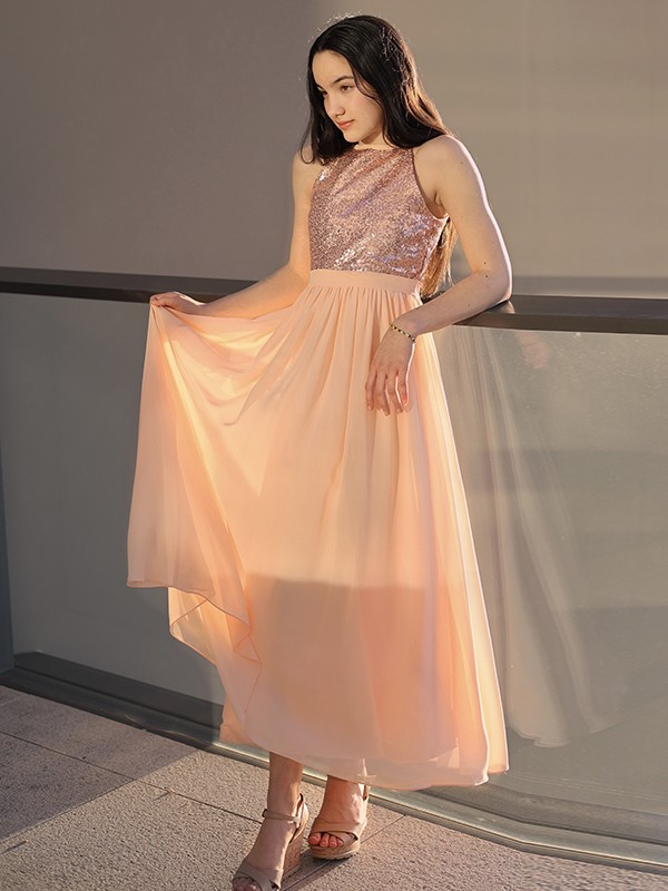 A-Line/Princess Chiffon Sequin Scoop Sleeveless Ankle-Length Junior/Girls Bridesmaid Dresses 2251