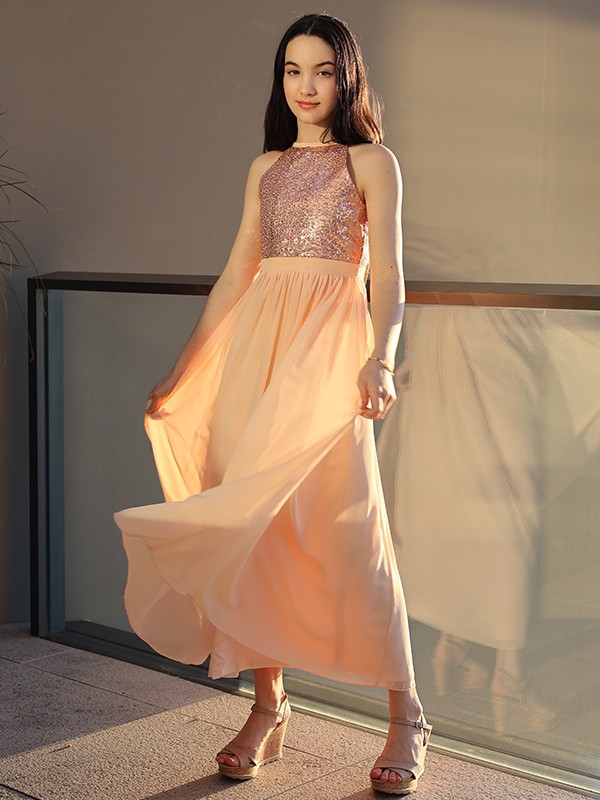 A-Line/Princess Chiffon Sequin Scoop Sleeveless Ankle-Length Junior/Girls Bridesmaid Dresses 2251