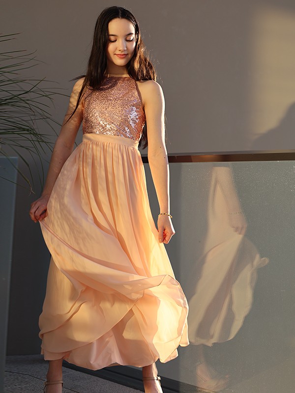 A-Line/Princess Chiffon Sequin Scoop Sleeveless Ankle-Length Junior/Girls Bridesmaid Dresses 2251