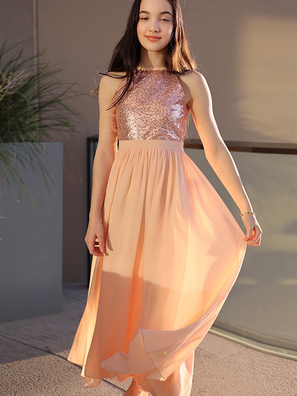 A-Line/Princess Chiffon Sequin Scoop Sleeveless Ankle-Length Junior/Girls Bridesmaid Dresses 2251