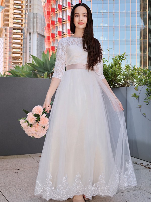 A-Line/Princess Lace Applique Scoop 3/4 Sleeves Floor-Length Junior Bridesmaid Dresses 2342