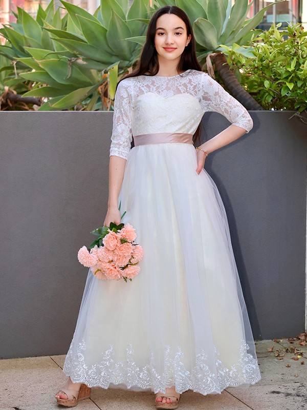 A-Line/Princess Lace Applique Scoop 3/4 Sleeves Floor-Length Junior Bridesmaid Dresses 2342