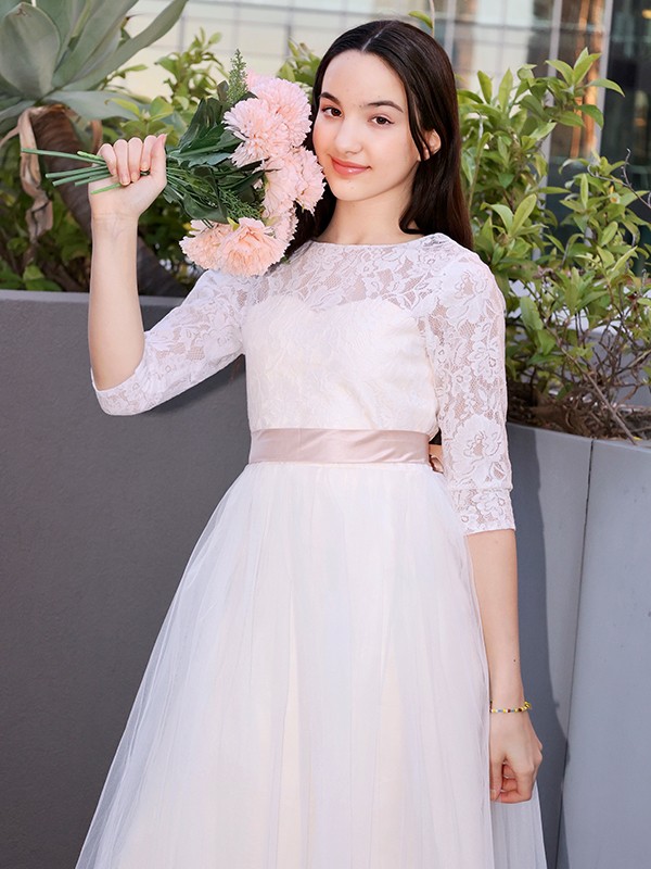 A-Line/Princess Lace Applique Scoop 3/4 Sleeves Floor-Length Junior Bridesmaid Dresses 2342