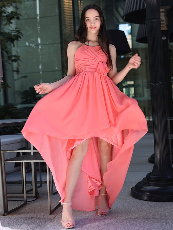 A-Line/Princess Chiffon Ruffles Spaghetti Straps Sleeveless Asymmetrical Junior/Girls Bridesmaid Dresses 2212