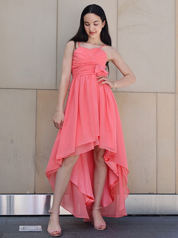 A-Line/Princess Chiffon Ruffles Spaghetti Straps Sleeveless Asymmetrical Junior/Girls Bridesmaid Dresses 2212