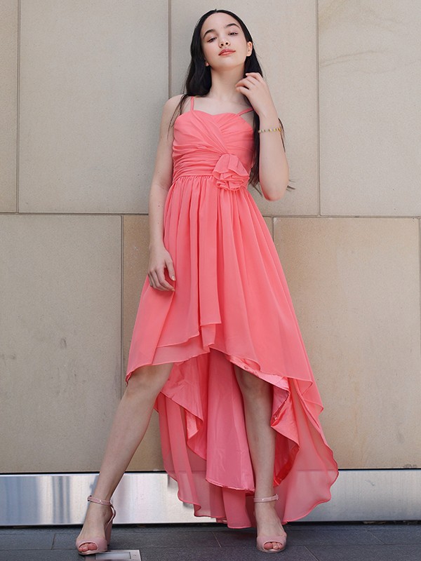 A-Line/Princess Chiffon Ruffles Spaghetti Straps Sleeveless Asymmetrical Junior/Girls Bridesmaid Dresses 2212