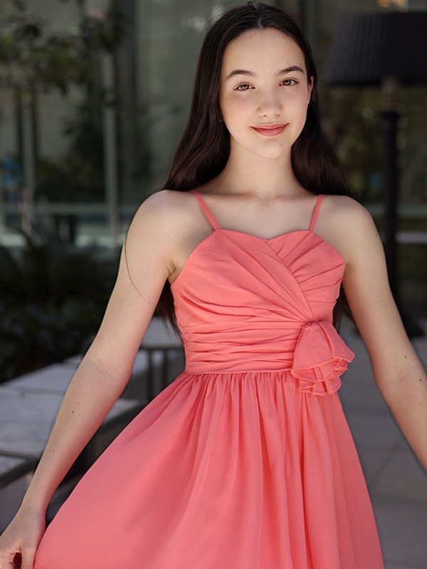 A-Line/Princess Chiffon Ruffles Spaghetti Straps Sleeveless Asymmetrical Junior/Girls Bridesmaid Dresses 2212