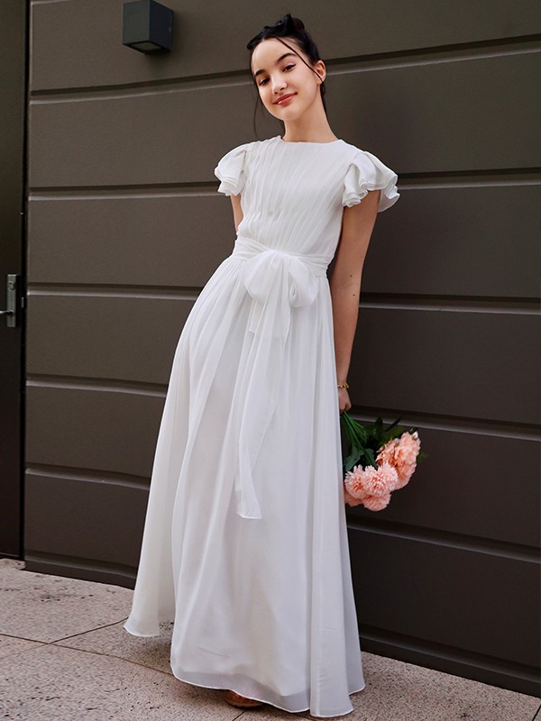 A-Line/Princess Chiffon Ruffles Scoop Short Sleeves Floor-Length Junior/Girls Bridesmaid Dresses 2209