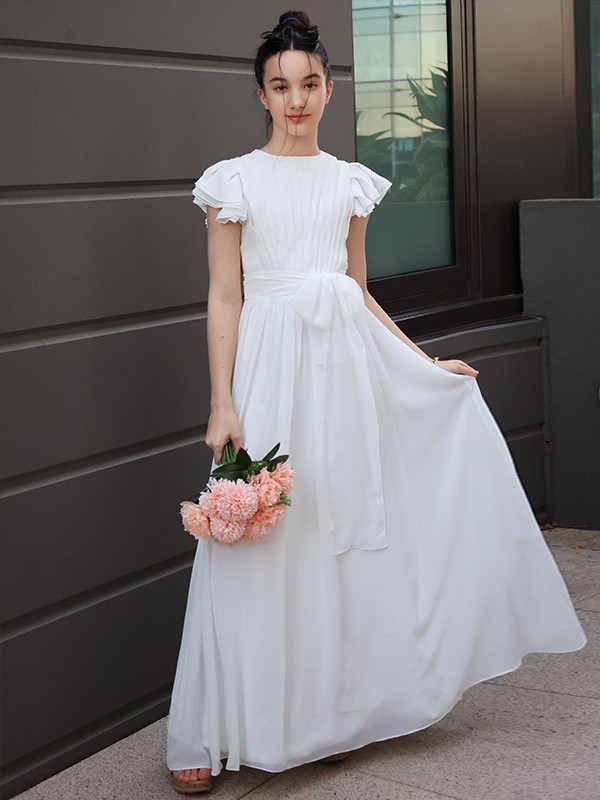 A-Line/Princess Chiffon Ruffles Scoop Short Sleeves Floor-Length Junior/Girls Bridesmaid Dresses 2209