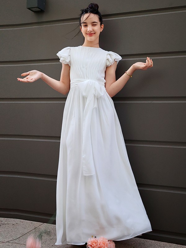 A-Line/Princess Chiffon Ruffles Scoop Short Sleeves Floor-Length Junior/Girls Bridesmaid Dresses 2209