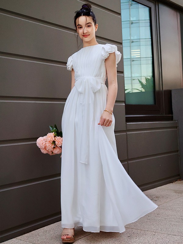 A-Line/Princess Chiffon Ruffles Scoop Short Sleeves Floor-Length Junior/Girls Bridesmaid Dresses 2209