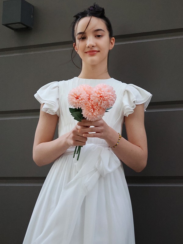 A-Line/Princess Chiffon Ruffles Scoop Short Sleeves Floor-Length Junior/Girls Bridesmaid Dresses 2209