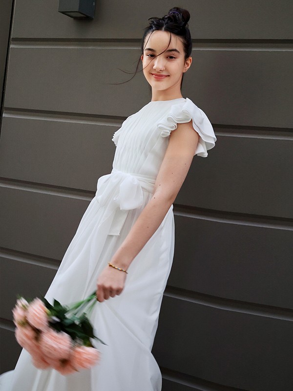 A-Line/Princess Chiffon Ruffles Scoop Short Sleeves Floor-Length Junior/Girls Bridesmaid Dresses 2209