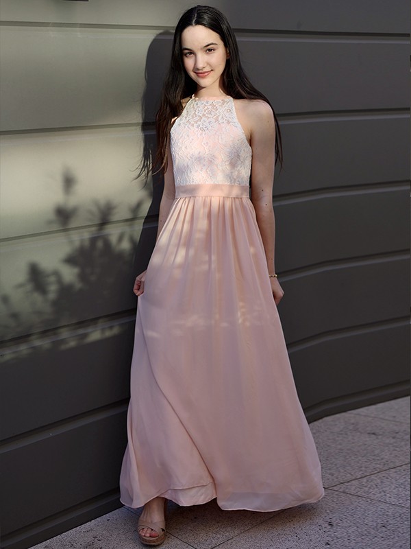 A-Line/Princess Chiffon Lace Halter Sleeveless Floor-Length Junior/Girls Bridesmaid Dresses 2140