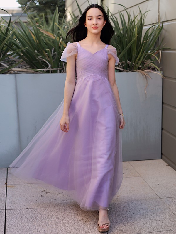 A-Line/Princess Tulle Ruched V-neck Short Sleeves Floor-Length Junior/Girls Bridesmaid Dresses 2765