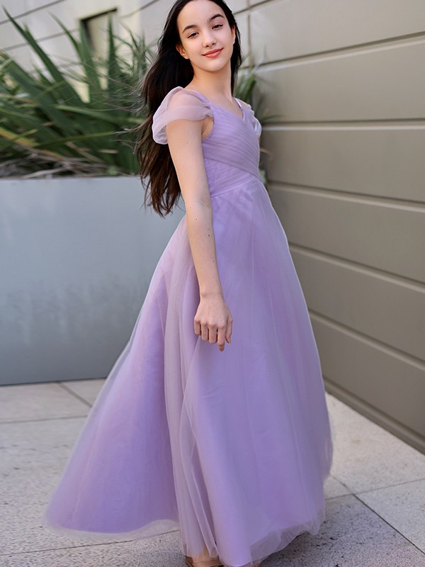 A-Line/Princess Tulle Ruched V-neck Short Sleeves Floor-Length Junior/Girls Bridesmaid Dresses 2765