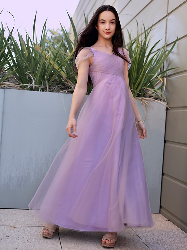 A-Line/Princess Tulle Ruched V-neck Short Sleeves Floor-Length Junior/Girls Bridesmaid Dresses 2765