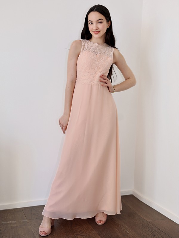 A-Line/Princess Chiffon Lace High Neck Sleeveless Floor-Length Junior/Girls Bridesmaid Dresses 2142