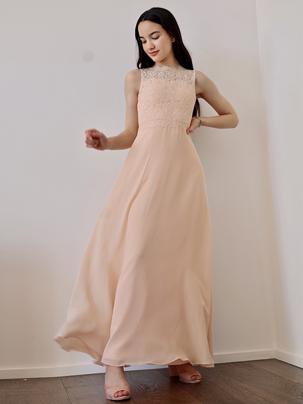 A-Line/Princess Chiffon Lace High Neck Sleeveless Floor-Length Junior/Girls Bridesmaid Dresses 2142