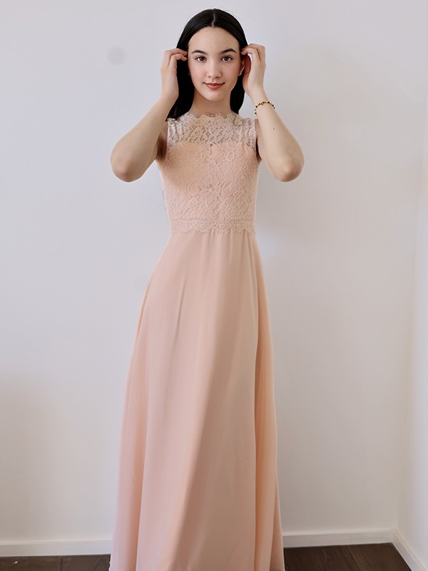 A-Line/Princess Chiffon Lace High Neck Sleeveless Floor-Length Junior/Girls Bridesmaid Dresses 2142