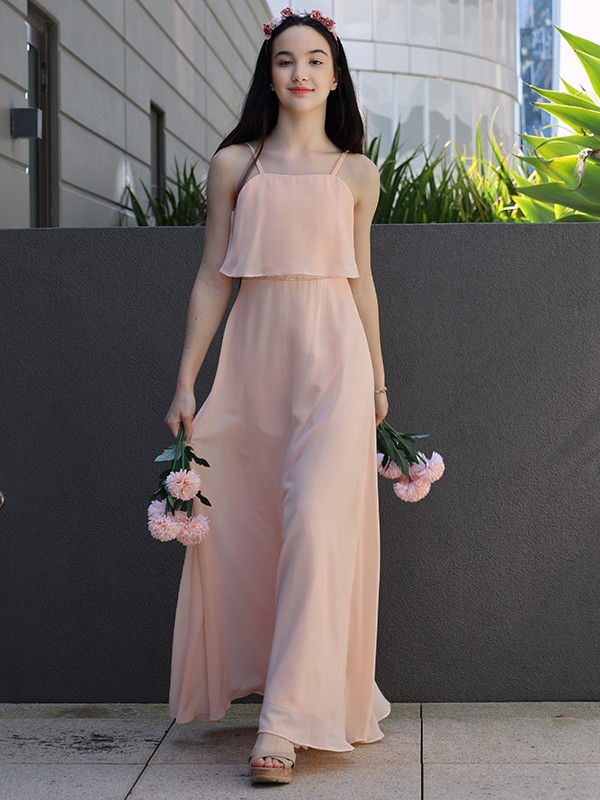 A-Line/Princess Chiffon Ruffles Spaghetti Straps Sleeveless Floor-Length Junior/Girls Bridesmaid Dresses 2215