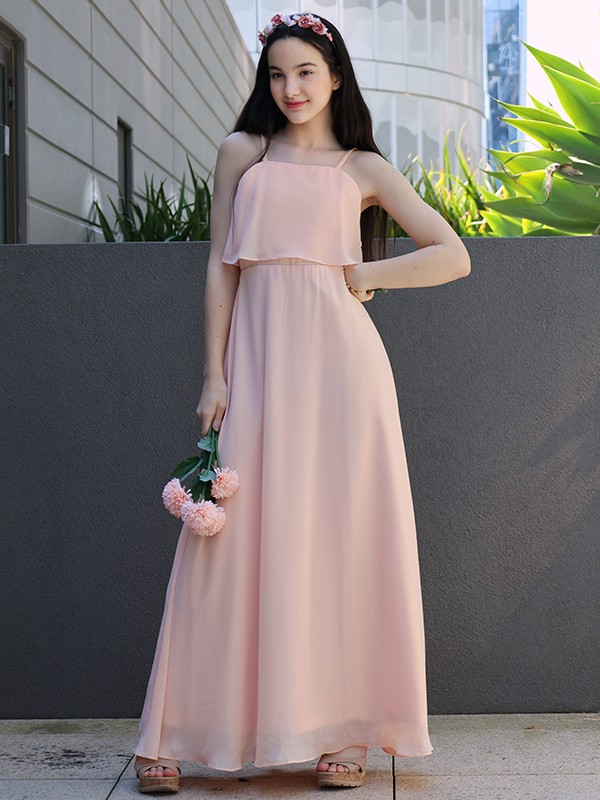 A-Line/Princess Chiffon Ruffles Spaghetti Straps Sleeveless Floor-Length Junior/Girls Bridesmaid Dresses 2215