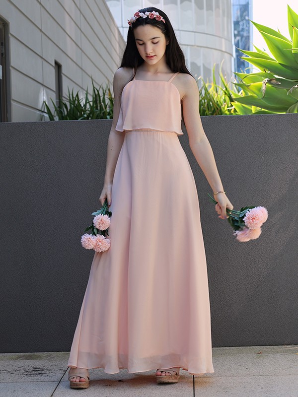 A-Line/Princess Chiffon Ruffles Spaghetti Straps Sleeveless Floor-Length Junior/Girls Bridesmaid Dresses 2215