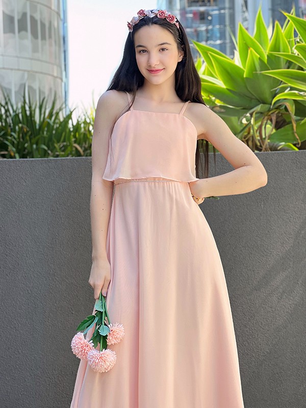 A-Line/Princess Chiffon Ruffles Spaghetti Straps Sleeveless Floor-Length Junior/Girls Bridesmaid Dresses 2215