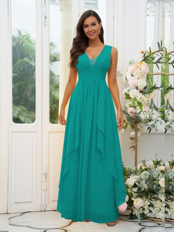 A-Line/Princess Chiffon Ruffles V-neck Sleeveless Floor-Length Bridesmaid Dresses 2240