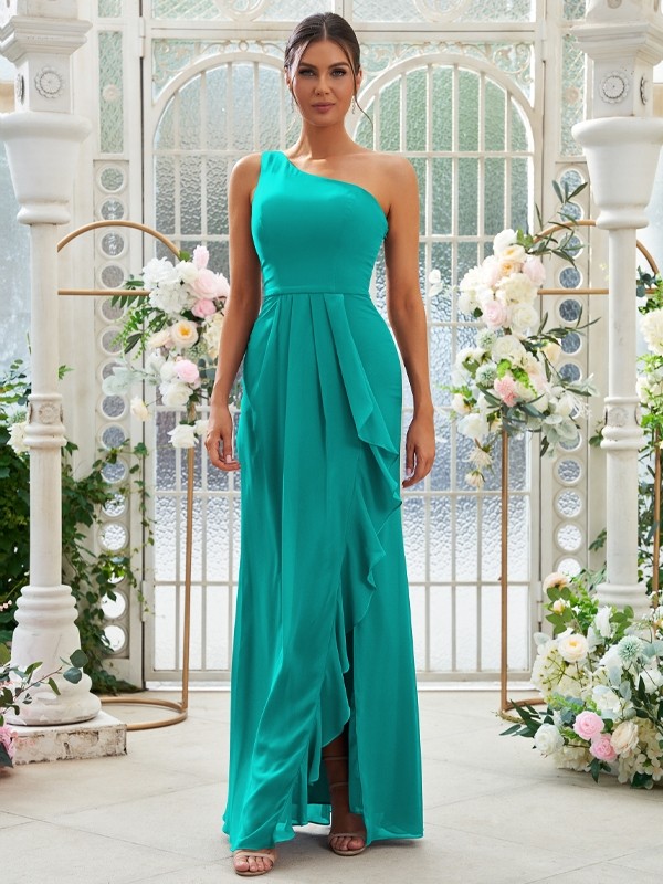 Sheath/Column Chiffon Ruffles One-Shoulder Sleeveless Floor-Length Bridesmaid Dresses 2914