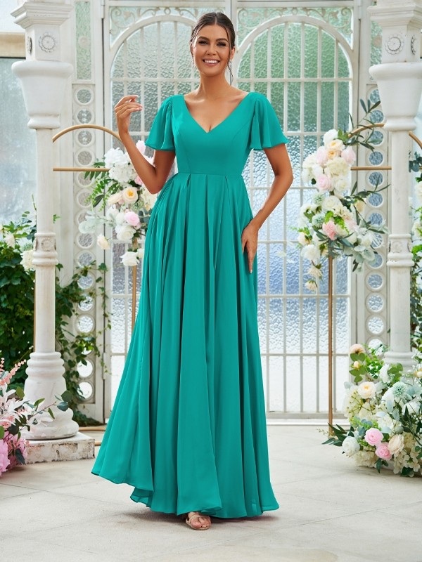 A-Line/Princess Chiffon Ruffles V-neck Short Sleeves Floor-Length Bridesmaid Dresses 2226