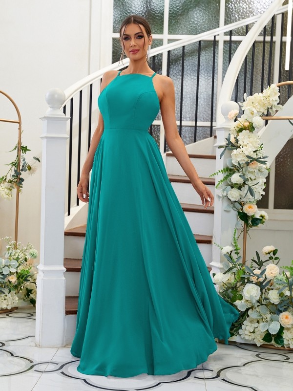 A-Line/Princess Chiffon Ruffles Halter Sleeveless Floor-Length Bridesmaid Dresses 2195