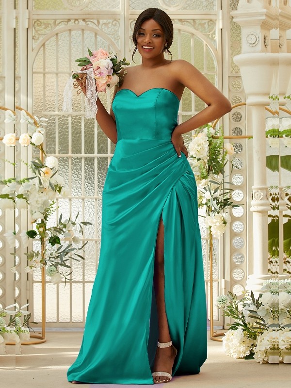 Sheath/Column Silk like Satin Ruched Sweetheart Sleeveless Sweep/Brush Train Bridesmaid Dresses 3079