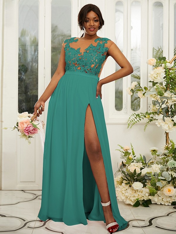 A-Line/Princess Chiffon Applique Scoop Sleeveless Floor-Length Bridesmaid Dresses 2131