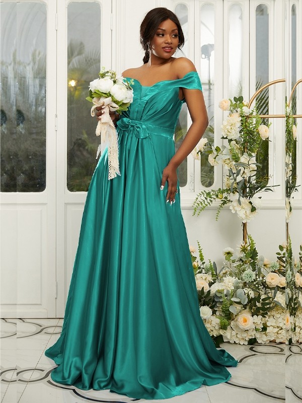 A-Line/Princess Silk like Satin Ruffles Off-the-Shoulder Sleeveless Sweep/Brush Train Bridesmaid Dresses 2482