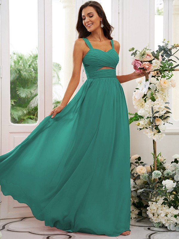 A-Line/Princess Chiffon Ruched Straps Sleeveless Floor-Length Bridesmaid Dresses 2167