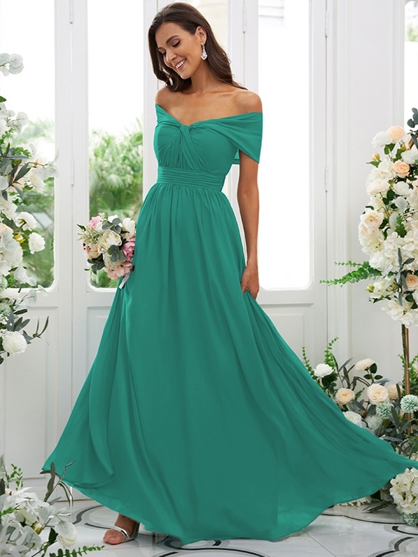 A-Line/Princess Chiffon Ruched Off-the-Shoulder Sleeveless Floor-Length Bridesmaid Dresses 2156