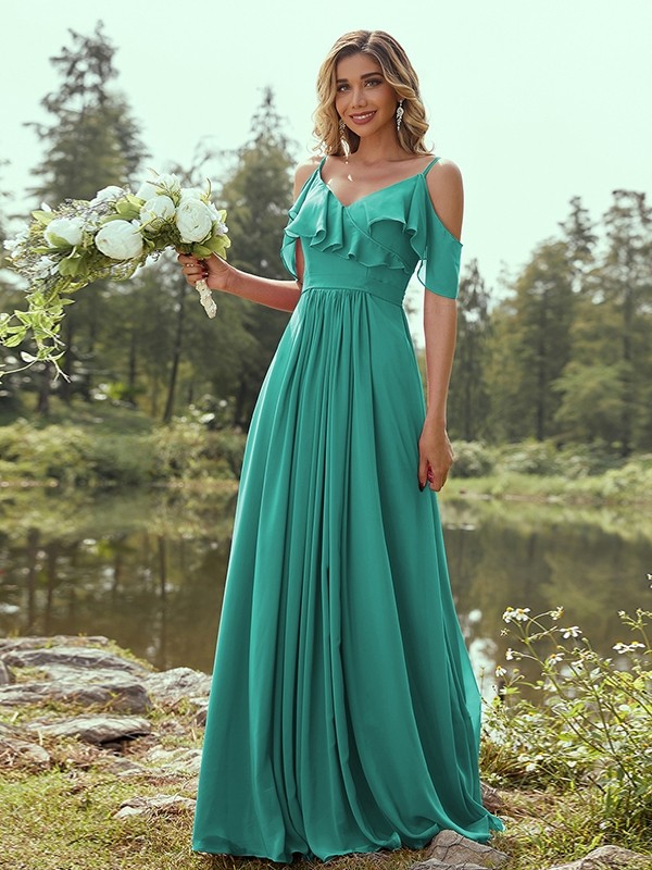 A-Line/Princess Chiffon Ruffles V-neck Sleeveless Floor-Length Bridesmaid Dresses 2233