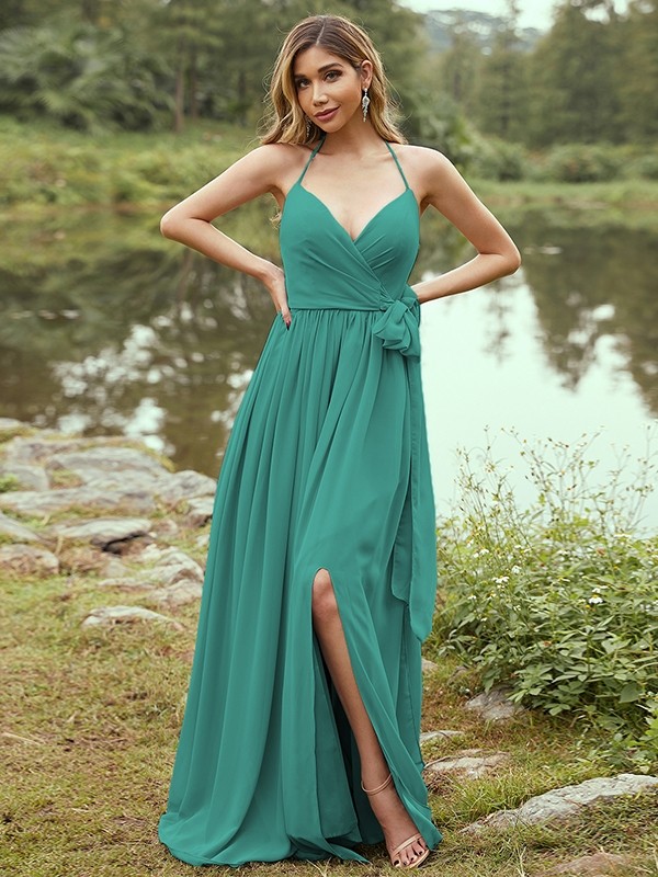 A-Line/Princess Chiffon Ruffles V-neck Sleeveless Sweep/Brush Train Bridesmaid Dresses 2246