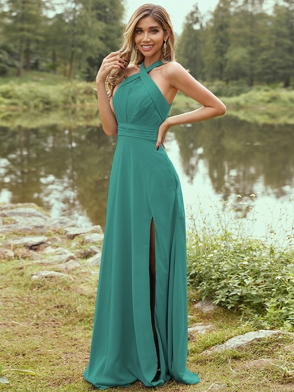 A-Line/Princess Chiffon Ruched Halter Sleeveless Sweep/Brush Train Bridesmaid Dresses 2155