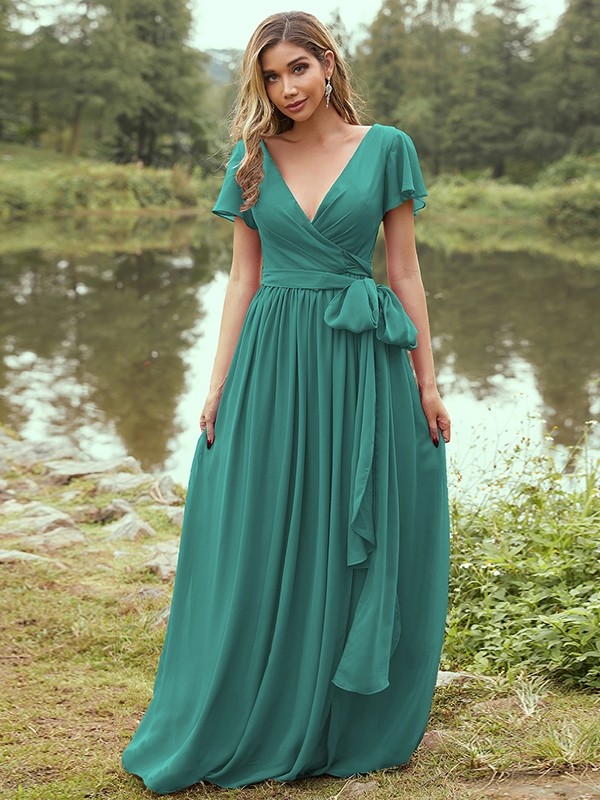 A-Line/Princess Chiffon Ruffles V-neck Short Sleeves Floor-Length Bridesmaid Dresses 2224