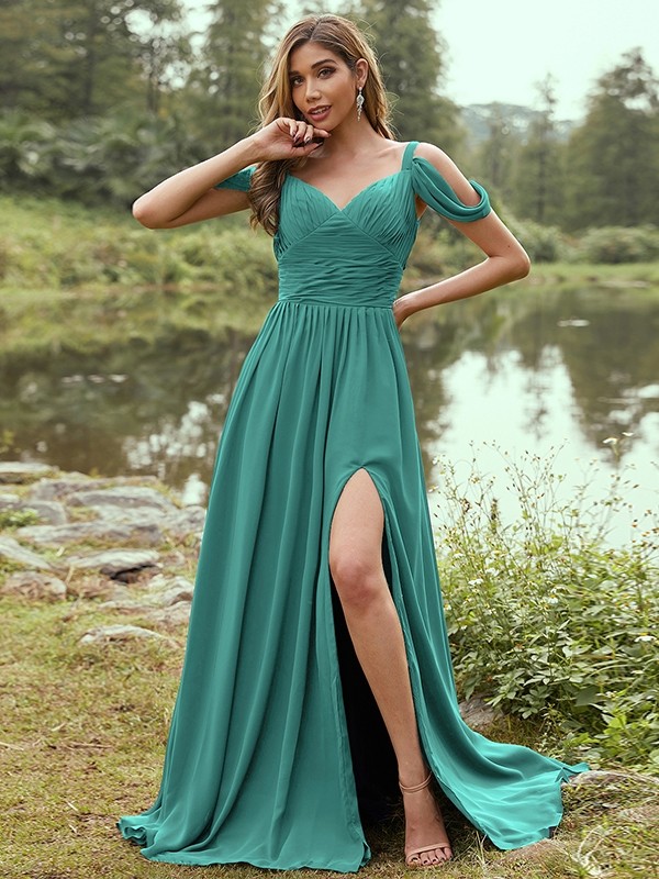 A-Line/Princess Chiffon Ruched V-neck Sleeveless Sweep/Brush Train Bridesmaid Dresses 2189