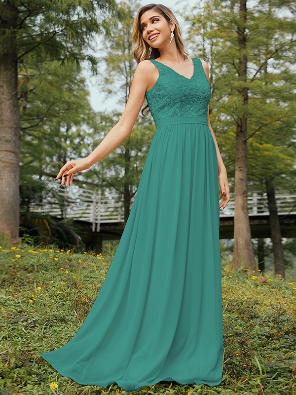 A-Line/Princess Chiffon Lace V-neck Sleeveless Floor-Length Bridesmaid Dresses 2152