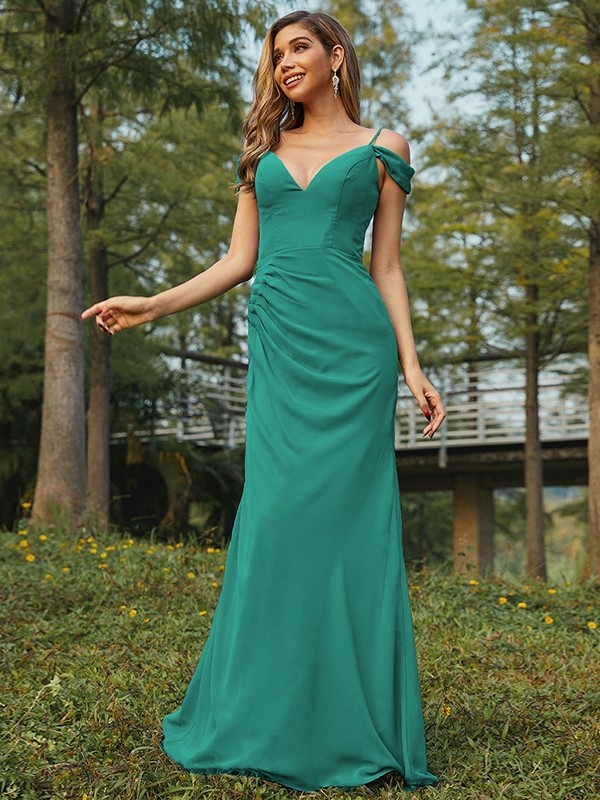 Sheath/Column Chiffon Ruched V-neck Sleeveless Floor-Length Bridesmaid Dresses 2910