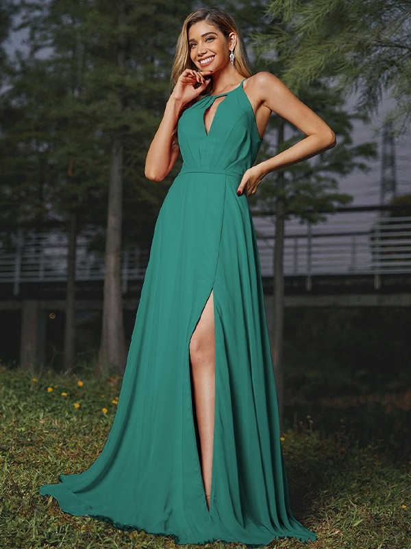 A-Line/Princess Chiffon Ruched Scoop Sleeveless Sweep/Brush Train Bridesmaid Dresses 2166