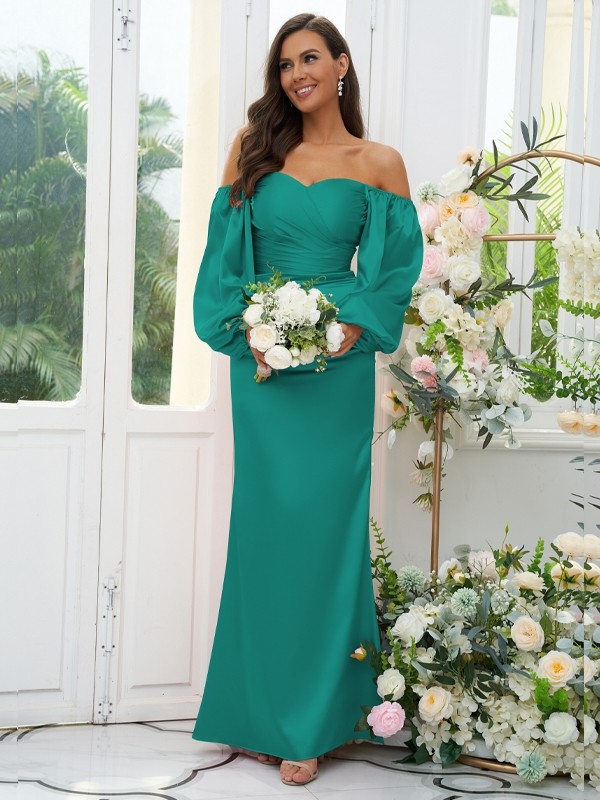 Sheath/Column Silk like Satin Ruched Off-the-Shoulder Long Sleeves Floor-Length Bridesmaid Dresses 3054