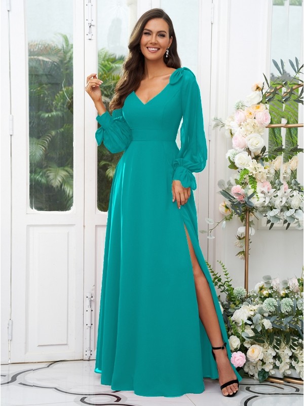 A-Line/Princess Chiffon Bowknot V-neck Long Sleeves Floor-Length Bridesmaid Dresses 2136