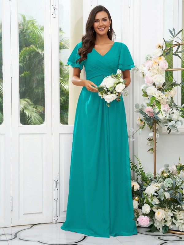 A-Line/Princess Chiffon Ruffles V-neck Short Sleeves Floor-Length Bridesmaid Dresses 2225